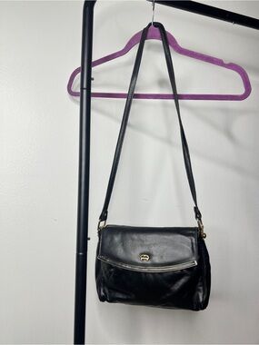 Etienne Aigner Black Leather Shoulder Bag with Gold Hardware